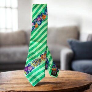 Vintage Versace Tie 1990s Green Silk Floral Striped  Pattern Gianni Versace